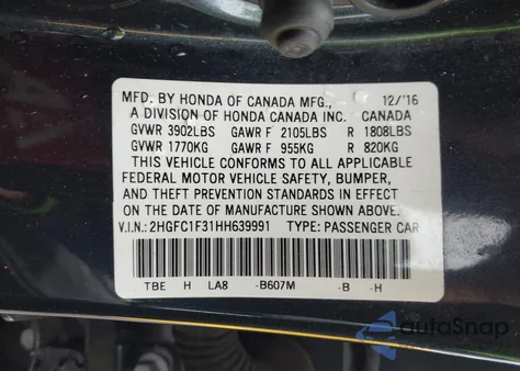 2017 Honda Civic Ex-T z USA, uszkodzony, nr VIN 2HGFC1F31HH639991